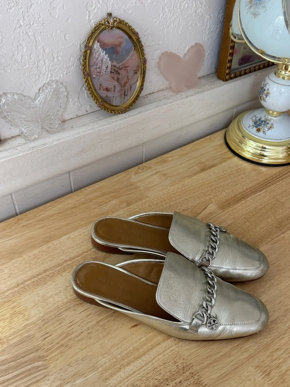 Tory Burch Metallic Silver Leather Chain Loafer Mules Size 7 Classic Minimalist